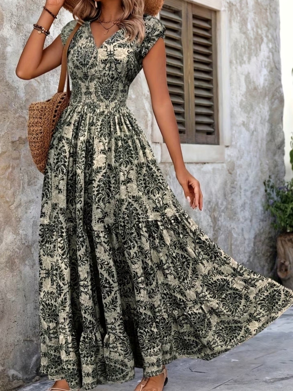 Bohemian V-Neck Floral Maxi Dress in Olive